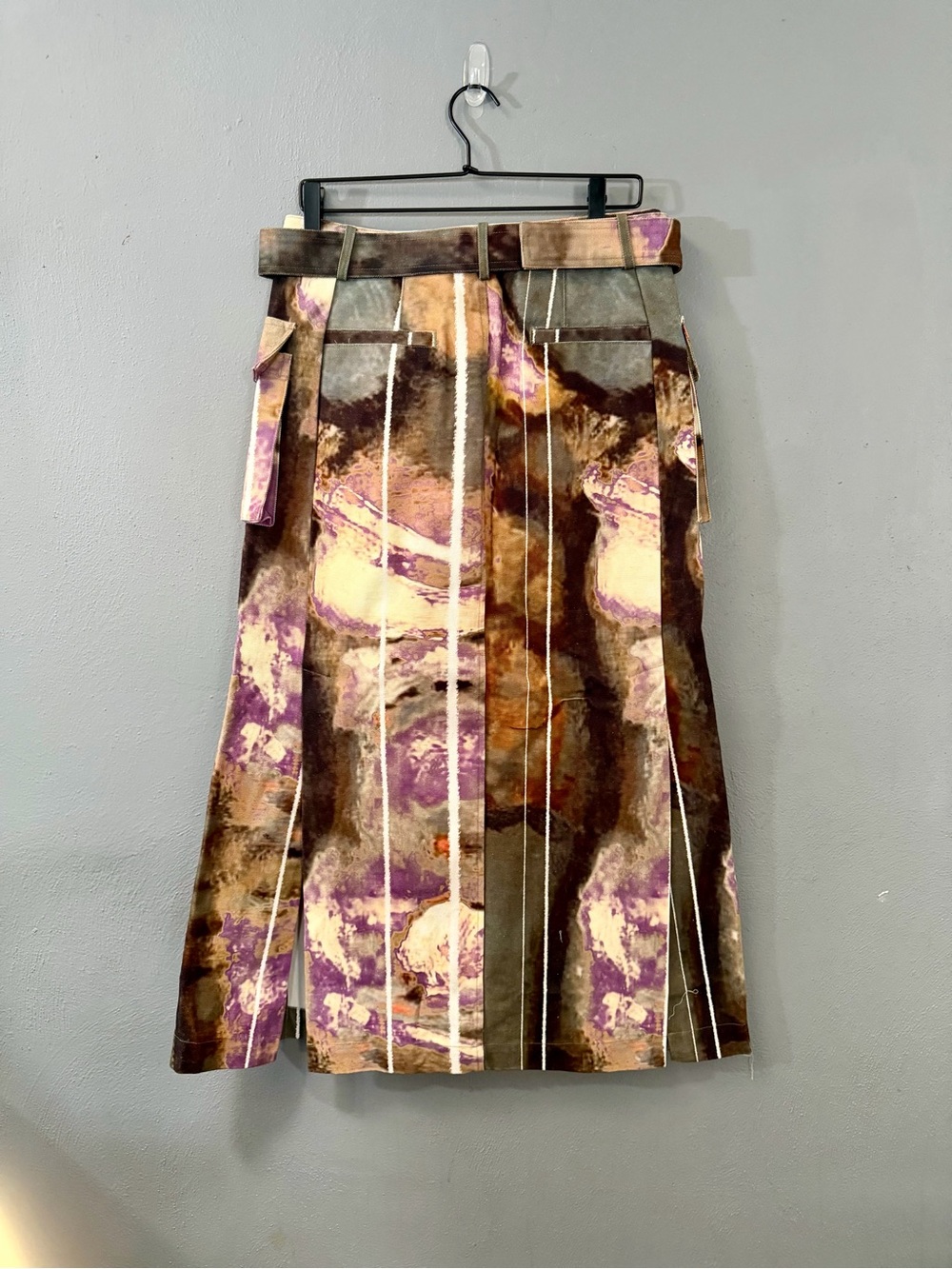 Tie-Dye A-Line Midi Denim  Skirt in Purple and Brown  with Belt - Picture 3 of 7